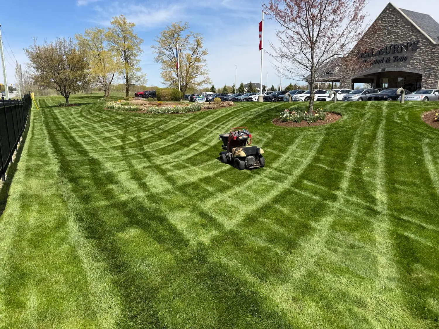 Large commercial lawn mowed in a fan pattern