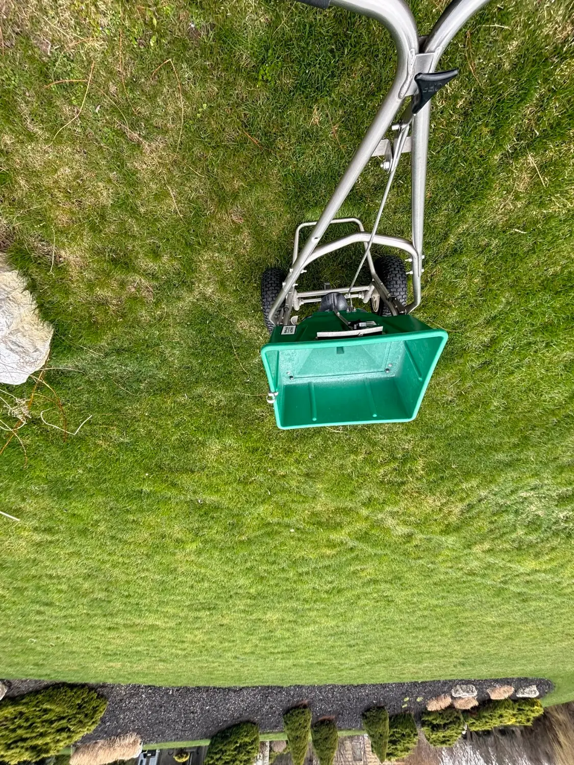 Broadcast spreader applying fertilizer on a healthy lawn
